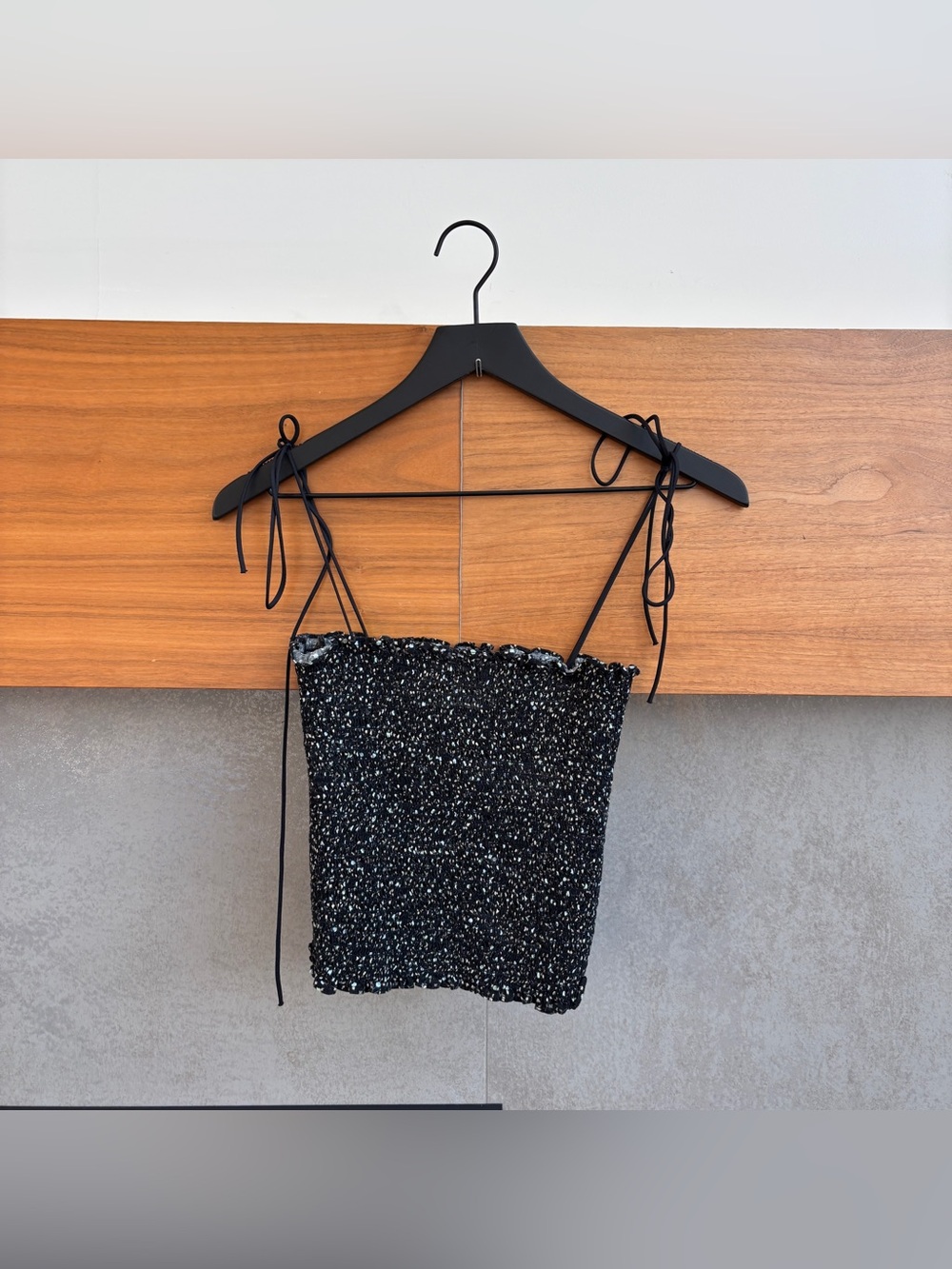 LA LIGNE Cami Cotton Tank Top Black Smocked Tie Strap Geometric Print, Size M